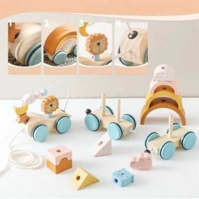 Train en bois d’éveil Montessori – Jouet à tirer & blocs empilables