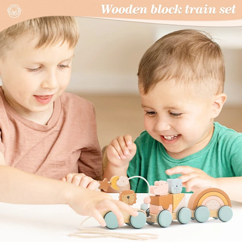 Train en bois d’éveil Montessori – Jouet à tirer & blocs empilables
