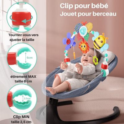 Arc d’activité bébé avec clip ajustable pour berceau montrant les différentes tailles de fixation, jouet sensoriel sécurisé pour l’éveil du nourrisson