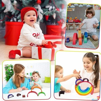 Jeu arc-en-ciel en bois Montessori utilisé comme cadeau pour enfant, jouet éducatif favorisant l’imagination, la motricité fine et les moments de jeu en famille

