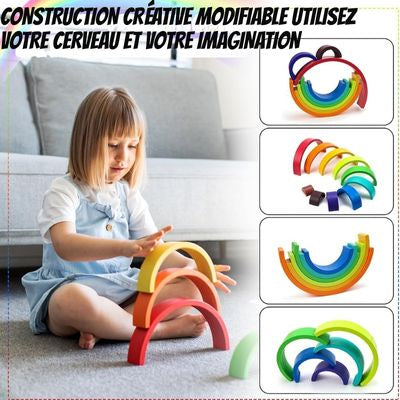 Jeu arc-en-ciel en bois Montessori pour enfant, jouet de construction créative modulable favorisant l’imagination, la logique, la motricité fine et le jeu libre
