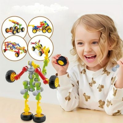 Enfant heureux jouant avec des blocs de construction articulés STEM pour créer robots et véhicules colorés, jeu éducatif stimulant la créativité et l’imagination
