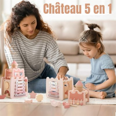 Château Montessori 5 en 1 en bois, jouet d’éveil éducatif favorisant la motricité fine, la concentration et le jeu parent-enfant