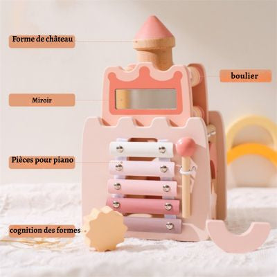 Château Montessori 5 en 1 en bois avec boulier, miroir, xylophone et jeux de formes pour développer l’éveil et la motricité de l’enfant