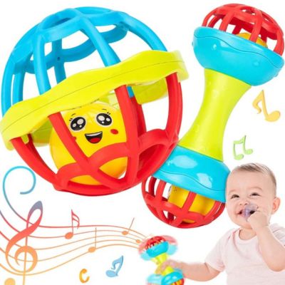 Hochet sensoriel bébé avec cloche musicale et balle ajourée colorée, jouet d’éveil stimulant l’audition, la préhension et la motricité fine