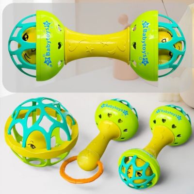 Hochet sensoriel bébé à double cloche avec poignées de préhension et balle ajourée, jouet d’éveil favorisant l’audition, la coordination et la motricité fine