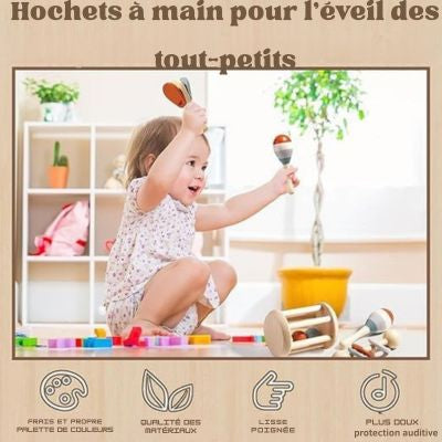 Hochets à main Montessori en bois pour bébé, jouets d’éveil sensoriel favorisant la motricité fine, la prise en main, la stimulation auditive et la coordination dès le plus jeune âge