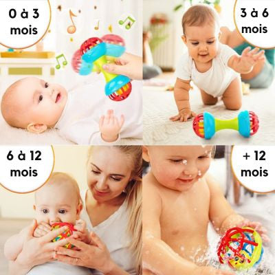 Hochets sensoriels pour bébé adaptés de 0 à 12 mois montrant les étapes d’éveil, de la préhension à l’exploration motrice et sensorielle