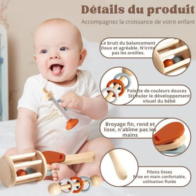 Jouets Montessori en bois pour bébé avec détails du produit visibles, jeux d’éveil sensoriels aux finitions lisses favorisant la stimulation auditive, visuelle et la motricité fine
