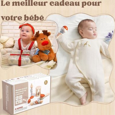 Jouets Montessori en bois pour bébé présentés comme cadeau de naissance, coffret d’éveil sensoriel favorisant le développement moteur, la curiosité et le bien-être dès les premiers mois
