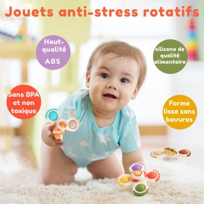 Jouets rotatifs à ventouse Montessori pour bébé en silicone et ABS sans BPA, jouets sensoriels anti-stress sécurisés favorisant l’éveil et la motricité fine
