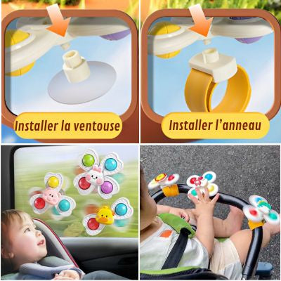 Jouets rotatifs à ventouse Montessori pour bébé montrant l’installation de la ventouse et de l’anneau de préhension, jouets sensoriels utilisés en voiture pour l’éveil et la motricité fine

