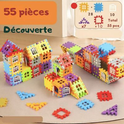 Kit de construction Montessori 55 pièces avec cubes colorés emboîtables pour construire des maisons et stimuler la créativité des enfants