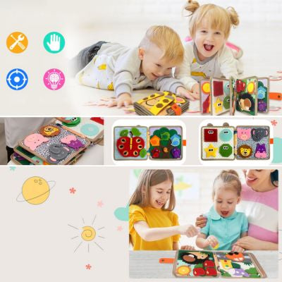 Livre sensoriel Montessori avec activités d’éveil en tissu, stimulant la motricité fine, la coordination main-œil et l’apprentissage ludique chez le bébé et le jeune enfant