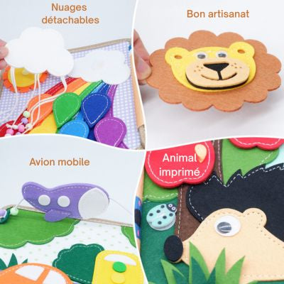 Détails du livre sensoriel Montessori avec nuages détachables, avion mobile et animaux en feutrine imprimée, favorisant l’éveil sensoriel et la motricité fine du bébé