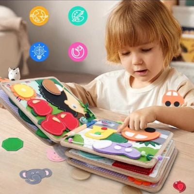 Livre sensoriel Montessori pour enfant avec activités ludiques favorisant la motricité fine, la concentration et l’apprentissage précoce