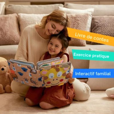Livre sensoriel Montessori partagé entre parent et enfant, favorisant la lecture interactive, l’apprentissage ludique et les moments de complicité familiale
