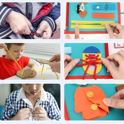 Livre sensoriel Montessori avec activités de motricité fine pour enfant, apprentissage des fermetures éclair, lacets, boutons et gestes du quotidien