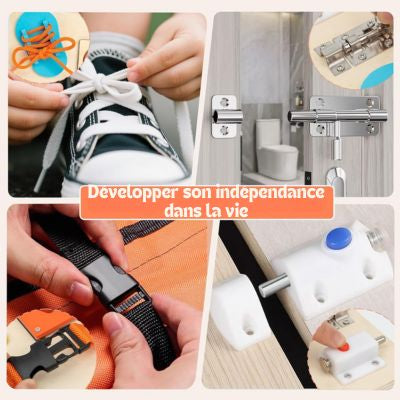 Détails des activités d’une planche Montessori en bois montrant lacets, boucle, loquet et verrou, jouet éducatif aidant l’enfant à développer son autonomie au quotidien
