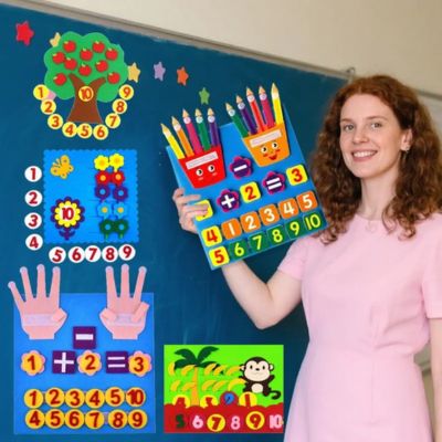 Tableau mathématique Montessori en feutre utilisé pour l’apprentissage des chiffres et des additions, support éducatif ludique pour enfants