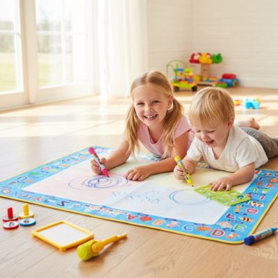 Deux enfants dessinant au sol sur un tapis de dessin à l’eau magique Montessori, activité créative et ludique sans taches favorisant l’imagination