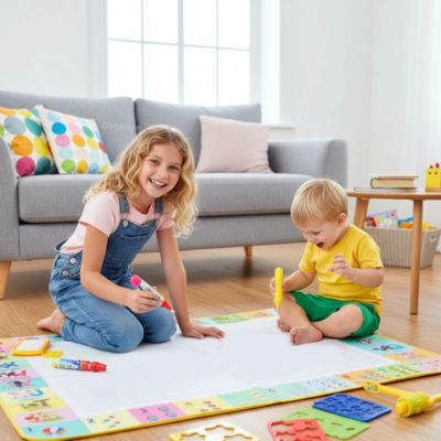 Deux enfants dessinant sur un tapis de dessin à l’eau magique Montessori, activité d’éveil créative favorisant l’imagination et la motricité fine sans encre