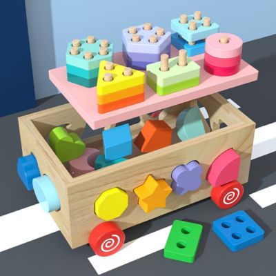 Voiture de tri Montessori en bois avec couvercle amovible et rangement des formes, jouet éducatif favorisant l’organisation, la reconnaissance des formes et la motricité fine chez l’enfant
