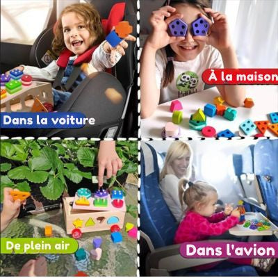 Voiture de tri Montessori en bois utilisée à la maison, en voiture, en plein air et en avion, jouet éducatif nomade favorisant l’apprentissage des formes, des couleurs et la motricité fine
