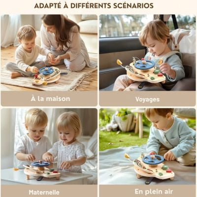 Volant Montessori DriveBoard en bois utilisé à la maison, en voyage, en maternelle et en plein air pour stimuler l’éveil, la motricité fine et l’autonomie de l’enfant
